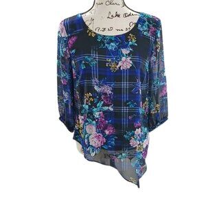 Ab Studio Blouse Black Floral Sheer Asymmetrical Modern 3/4 Sleeve Women’s S